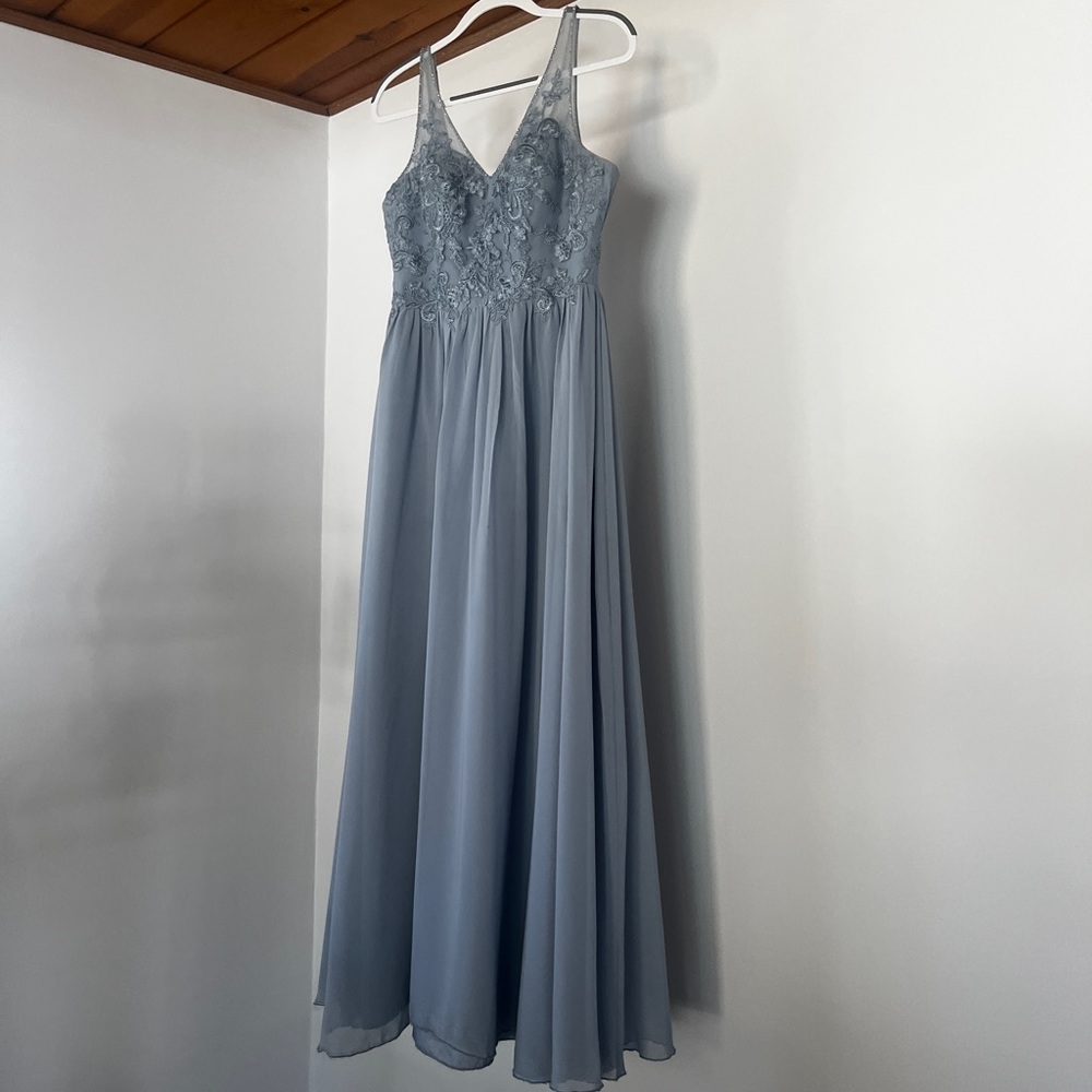 Azazie Amy Dusty Blue Size 8 Hemmed for 5’6